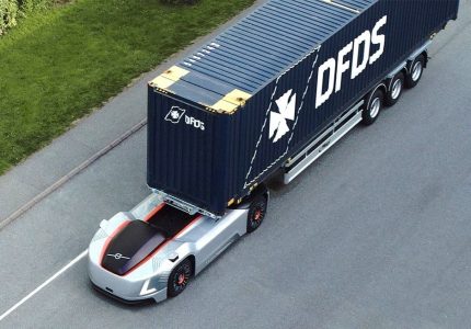 VOLVO TRUCKS BEFORE DRIVER OF SHIPPING CONTAINERS IN SWEDEN